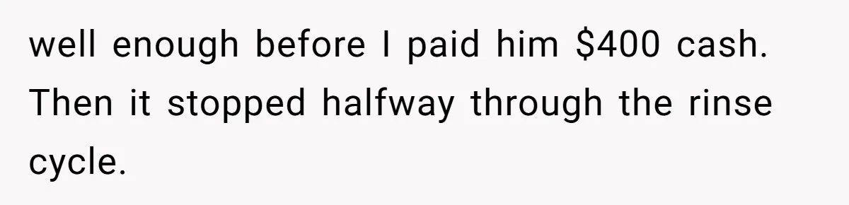 Woman Couldn't Get Her Money Back, So She Cost the Scammer Something Else well enough before I paid him $400 cash. Then it stopped halfway through the rinse cycle.