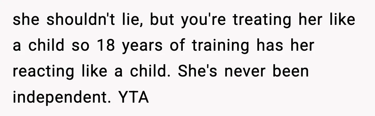 Parents Ban Daughter's Miami Trip, Reddit Says They're Holding On Too Tight she shouldn't lie, but you're treating her like a child so 18 years of training has her reacting like a child. She's never been independent. YTA