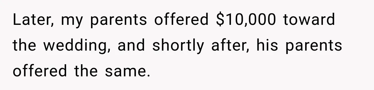 Future In-Laws Bought Wedding Influence, Then Threatened To Empty The Guest List Later, my parents offered $10,000 toward the wedding, and shortly after, his parents offered the same.