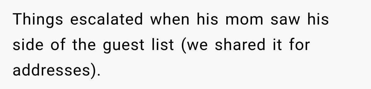 Future In-Laws Bought Wedding Influence, Then Threatened To Empty The Guest List Things escalated when his mom saw his side of the guest list (we shared it for addresses).