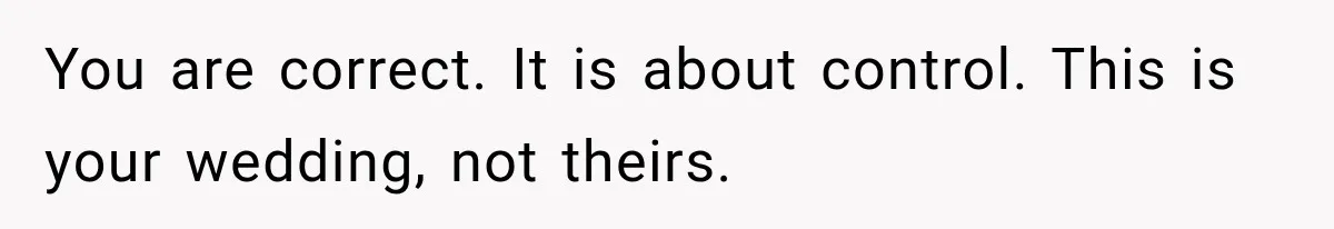 Future In-Laws Bought Wedding Influence, Then Threatened To Empty The Guest List You are correct. It is about control. This is your wedding, not theirs.