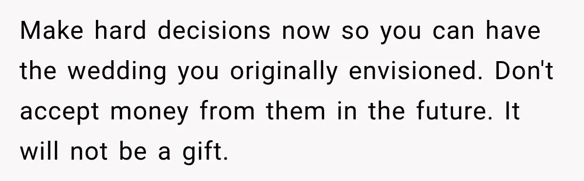 Future In-Laws Bought Wedding Influence, Then Threatened To Empty The Guest List Make hard decisions now so you can have the wedding you originally envisioned. Don't accept money from them in the future. It will not be a gift.