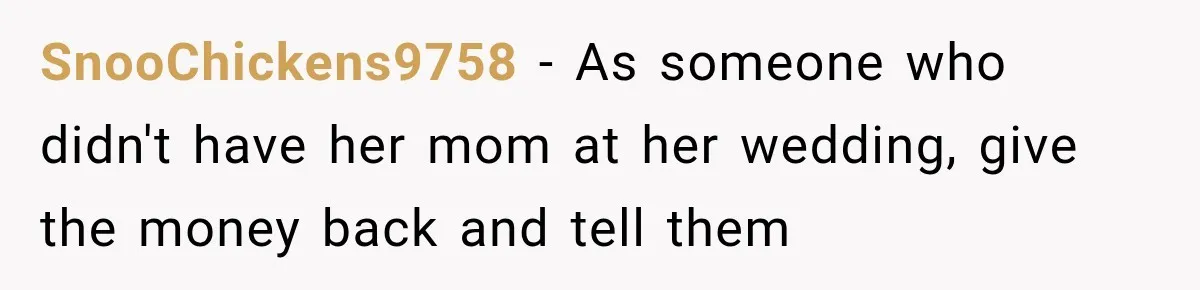 Future In-Laws Bought Wedding Influence, Then Threatened To Empty The Guest List SnooChickens9758 − As someone who didn't have her mom at her wedding, give the money back and tell them