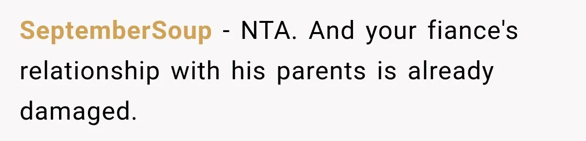 Future In-Laws Bought Wedding Influence, Then Threatened To Empty The Guest List SeptemberSoup − NTA. And your fiance's relationship with his parents is already damaged.