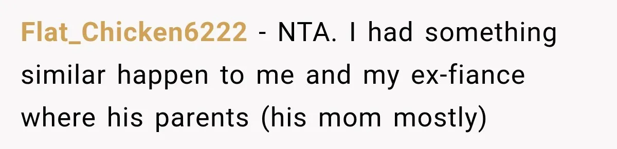 Future In-Laws Bought Wedding Influence, Then Threatened To Empty The Guest List Flat_Chicken6222 − NTA. I had something similar happen to me and my ex-fiance where his parents (his mom mostly)
