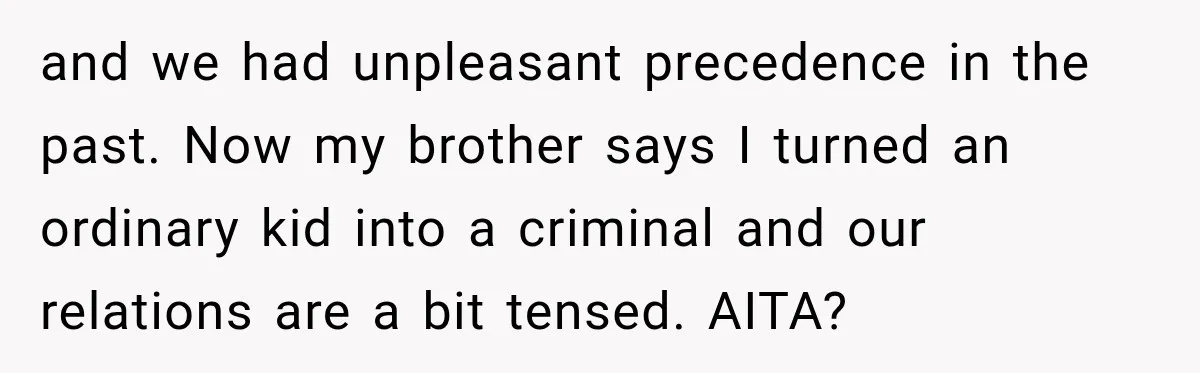 and we had unpleasant precedence in the past. Now my brother says I turned an ordinary kid into a criminal and our relations are a bit tensed. AITA?