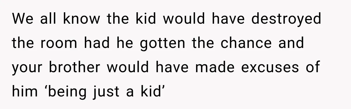 We all know the kid would have destroyed the room had he gotten the chance and your brother would have made excuses of him ‘being just a kid’
