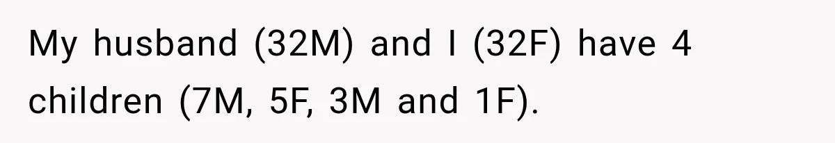 My husband (32M) and I (32F) have 4 children (7M, 5F, 3M and 1F).