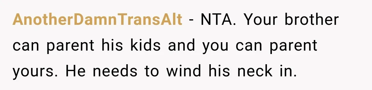 AnotherDamnTransAlt − NTA. Your brother can parent his kids and you can parent yours. He needs to wind his neck in.