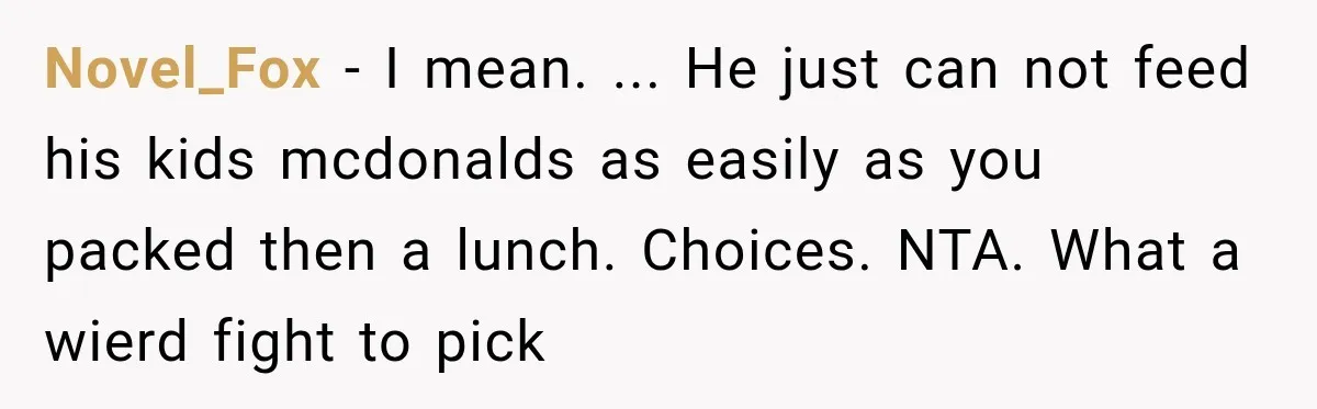 Novel_Fox − I mean. ... He just can not feed his kids mcdonalds as easily as you packed then a lunch. Choices. NTA. What a wierd fight to pick