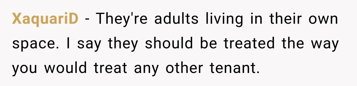 XaquariD − They're adults living in their own space. I say they should be treated the way you would treat any other tenant.