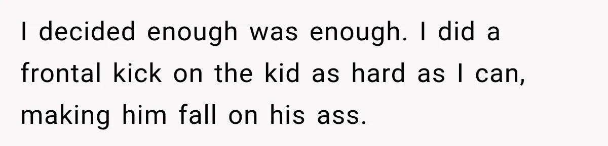 I decided enough was enough. I did a frontal kick on the kid as hard as I can, making him fall on his ass.