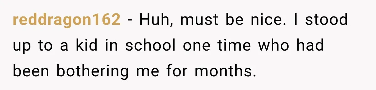 reddragon162 − Huh, must be nice. I stood up to a kid in school one time who had been bothering me for months.