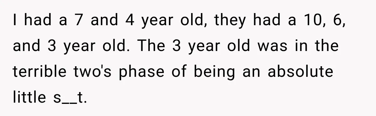 I had a 7 and 4 year old, they had a 10, 6, and 3 year old. The 3 year old was in the terrible two's phase of being an...