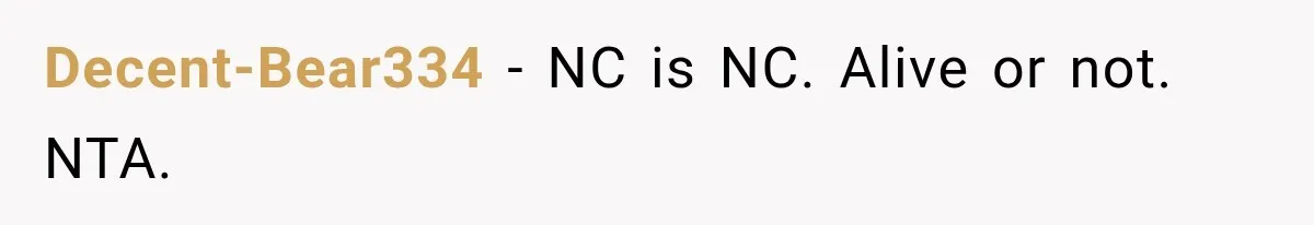 Half-Siblings Abandoned Their Dying Father, Then Demanded A Place At His Funeral Decent-Bear334 − NC is NC. Alive or not. NTA.