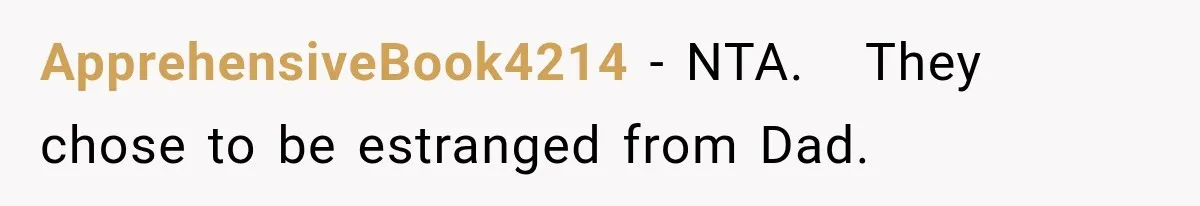 Half-Siblings Abandoned Their Dying Father, Then Demanded A Place At His Funeral ApprehensiveBook4214 − NTA. They chose to be estranged from Dad.