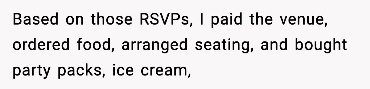 Based on those RSVPs, I paid the venue, ordered food, arranged seating, and bought party packs, ice cream,