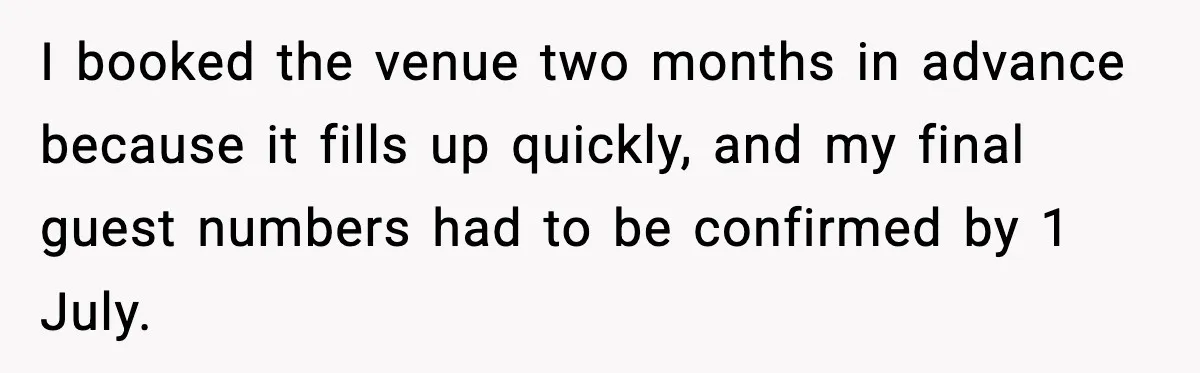 I booked the venue two months in advance because it fills up quickly, and my final guest numbers had to be confirmed by 1 July.