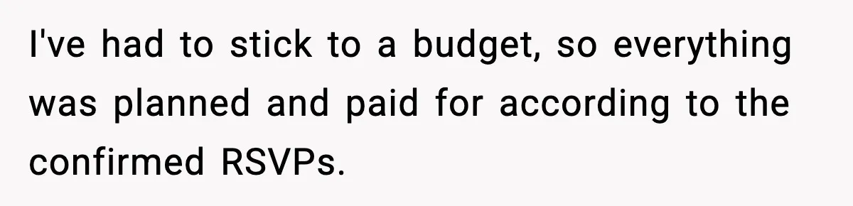 I've had to stick to a budget, so everything was planned and paid for according to the confirmed RSVPs.