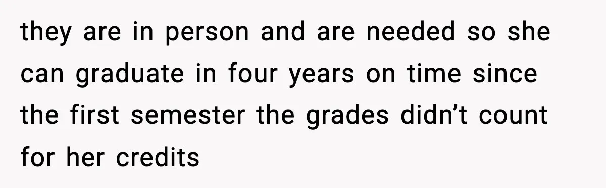 they are in person and are needed so she can graduate in four years on time since the first semester the grades didn’t count for her credits