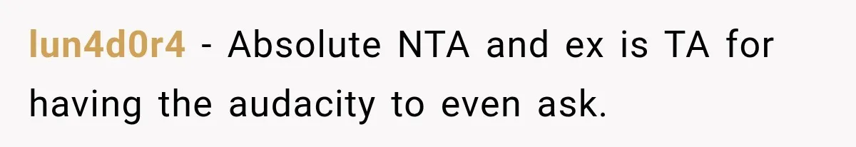 lun4d0r4 − Absolute NTA and ex is TA for having the audacity to even ask.