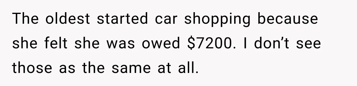 Dad Paid $7,200 For One Daughter’s Braces, Now The Other Wants Cash Instead The oldest started car shopping because she felt she was owed $7200. I don’t see those as the same at all.