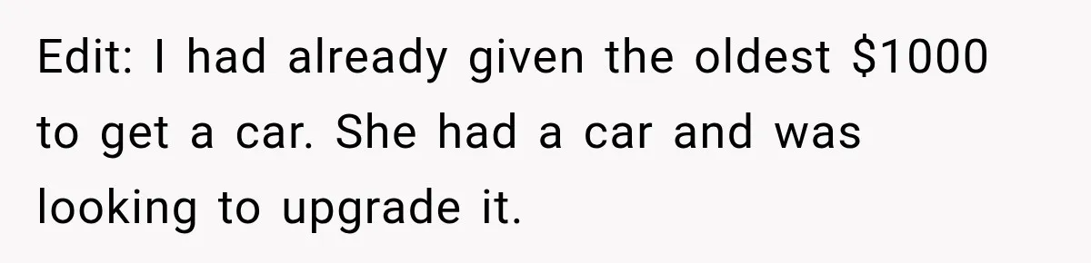 Dad Paid $7,200 For One Daughter’s Braces, Now The Other Wants Cash Instead Edit: I had already given the oldest $1000 to get a car. She had a car and was looking to upgrade it.