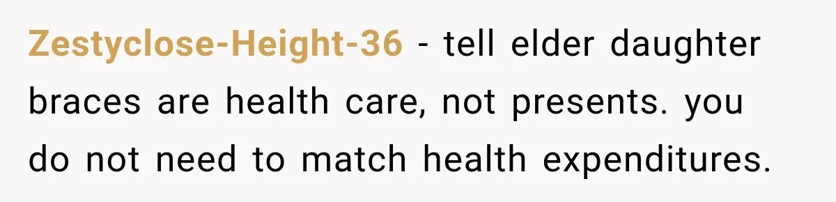 Dad Paid $7,200 For One Daughter’s Braces, Now The Other Wants Cash Instead Zestyclose-Height-36 − tell elder daughter braces are health care, not presents. you do not need to match health expenditures.