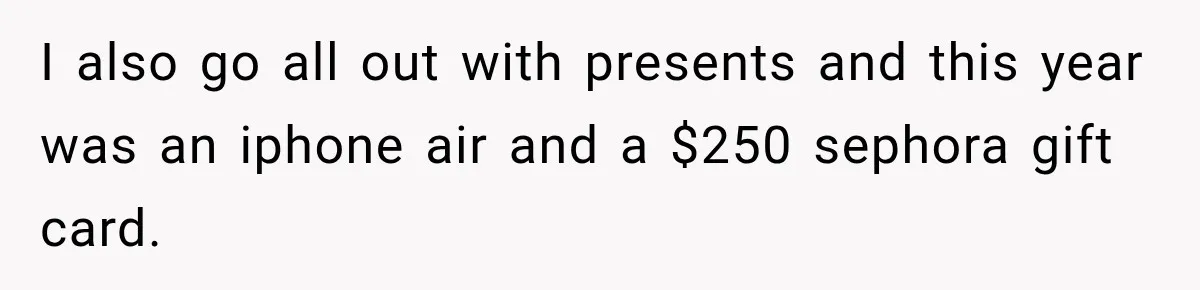 Aunt Took Back A Teen’s iPhone After She Refused To Give Up Her Bedroom I also go all out with presents and this year was an iphone air and a $250 sephora gift card.
