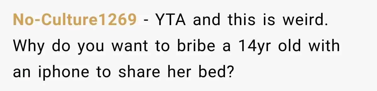Aunt Took Back A Teen’s iPhone After She Refused To Give Up Her Bedroom No-Culture1269 − YTA and this is weird. Why do you want to bribe a 14yr old with an iphone to share her bed?