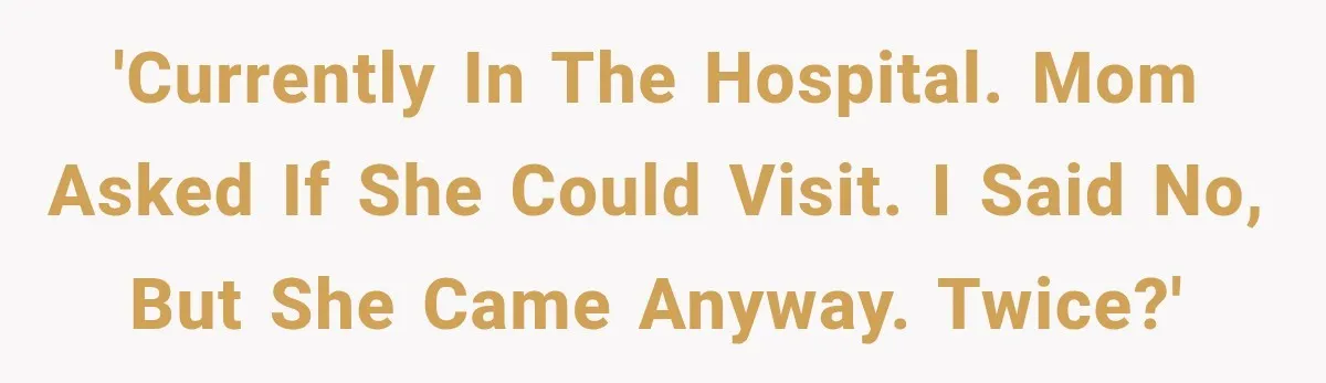 Mom Ignored Her Daughter's “No Visitors” Request, Then Acted Heartbroken When She Was Sent Away 'Currently in the hospital. Mom asked if she could visit. I said no, but she came anyway. Twice?'