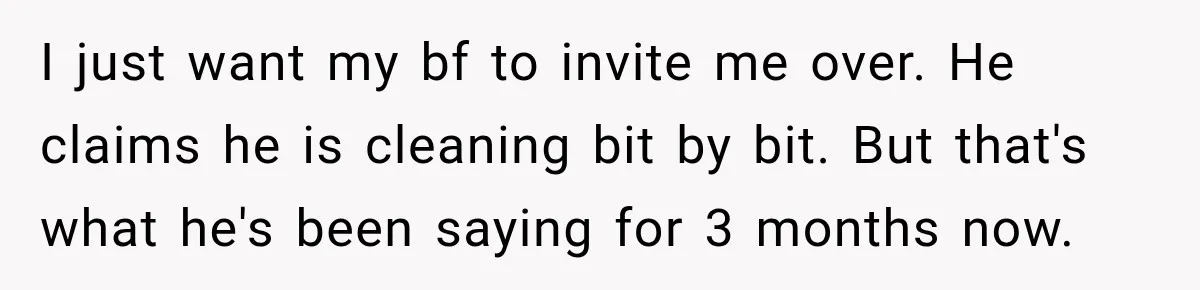 I just want my bf to invite me over. He claims he is cleaning bit by bit. But that's what he's been saying for 3 months now.