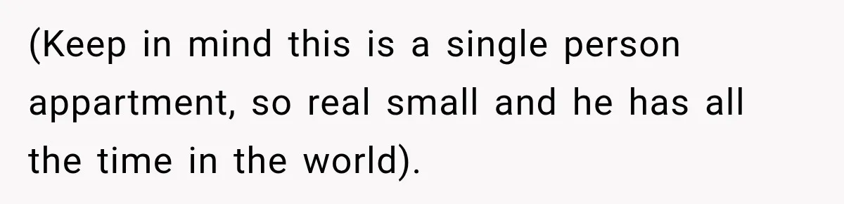 (Keep in mind this is a single person appartment, so real small and he has all the time in the world).
