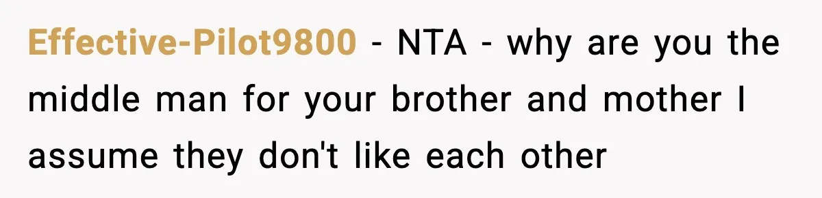 Effective-Pilot9800 − NTA - why are you the middle man for your brother and mother I assume they don't like each other