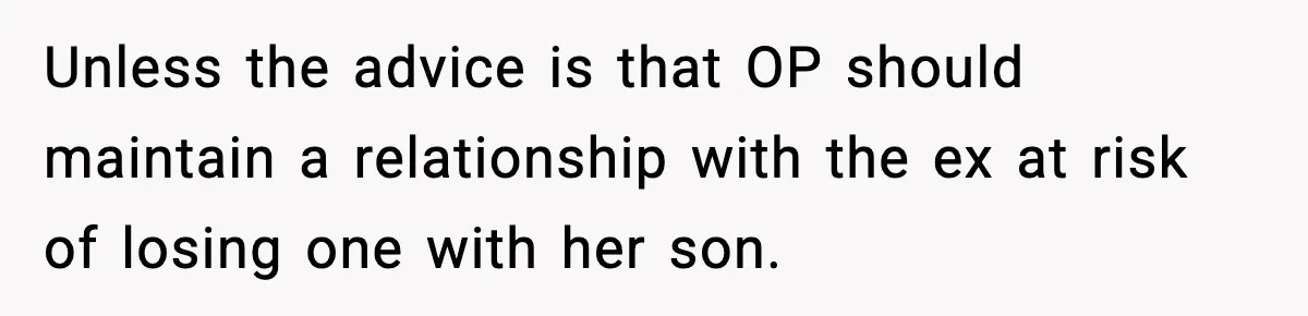 Unless the advice is that OP should maintain a relationship with the ex at risk of losing one with her son.