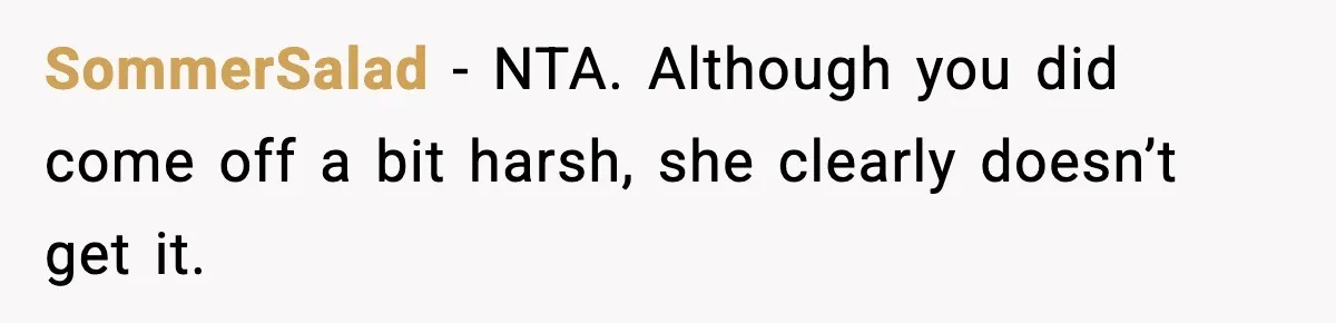 SommerSalad − NTA. Although you did come off a bit harsh, she clearly doesn’t get it.