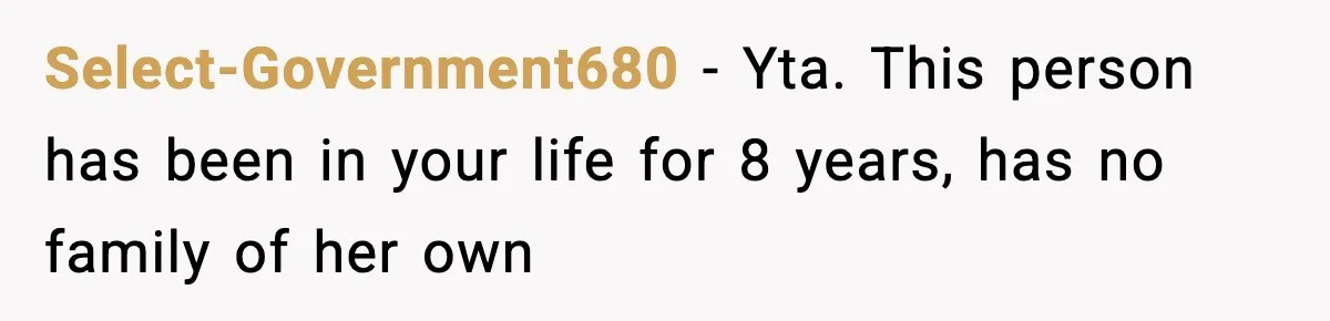 Select-Government680 − Yta. This person has been in your life for 8 years, has no family of her own