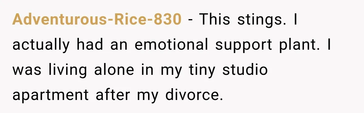 Adventurous-Rice-830 − This stings. I actually had an emotional support plant. I was living alone in my tiny studio apartment after my divorce.