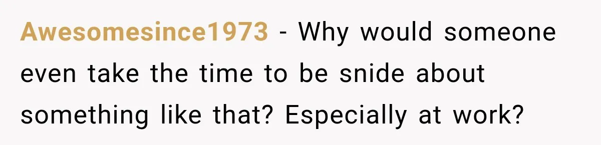 Awesomesince1973 − Why would someone even take the time to be snide about something like that? Especially at work?