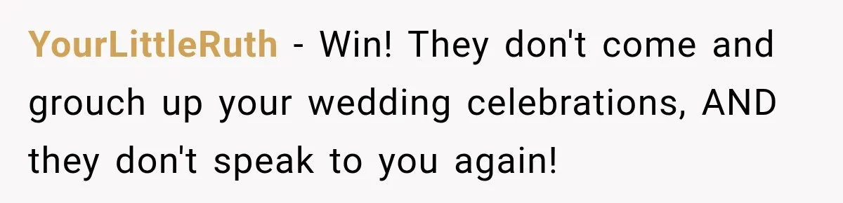 Couple Uninvites Complaining Guests After They Call the Wedding Too Much Trouble YourLittleRuth − Win! They don't come and grouch up your wedding celebrations, AND they don't speak to you again!
