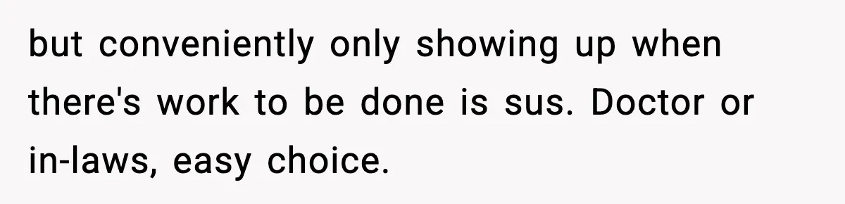 but conveniently only showing up when there's work to be done is sus. Doctor or in-laws, easy choice.