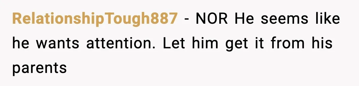 RelationshipTough887 − NOR He seems like he wants attention. Let him get it from his parents