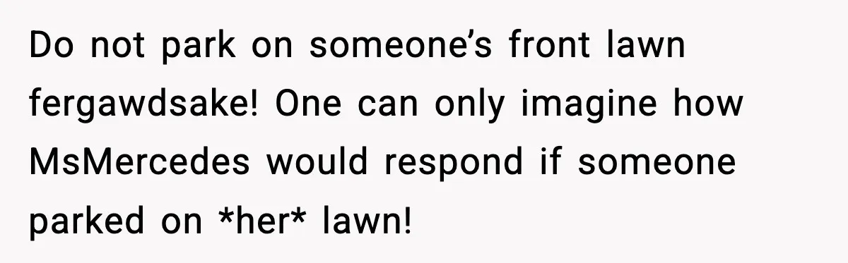 Do not park on someone’s front lawn fergawdsake! One can only imagine how MsMercedes would respond if someone parked on *her* lawn!