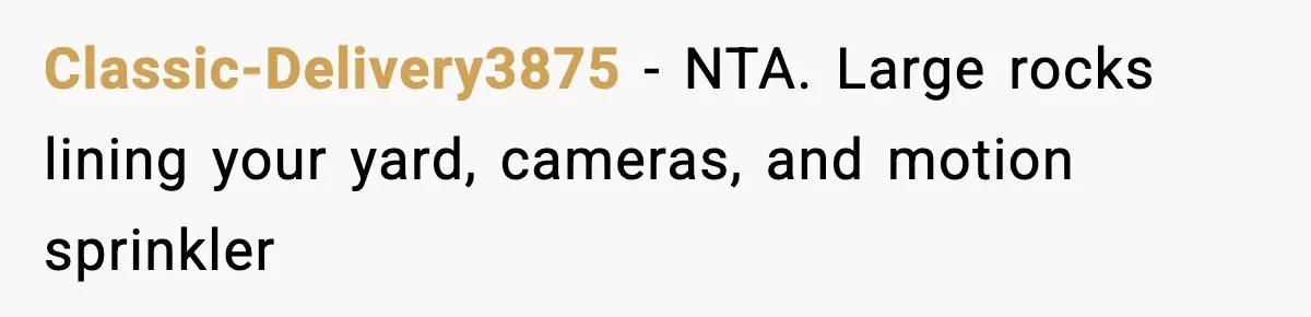 Classic-Delivery3875 − NTA. Large rocks lining your yard, cameras, and motion sprinkler
