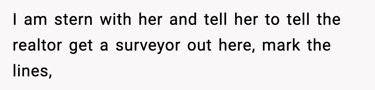 I am stern with her and tell her to tell the realtor get a surveyor out here, mark the lines,