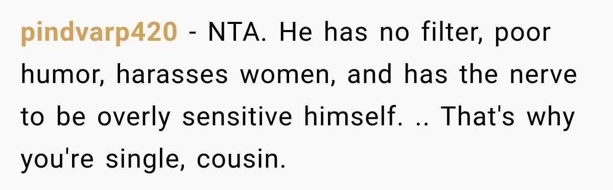 Woman Tells Cousin “That’s Why You’re Single” After His Beach Comments Go Too Far pindvarp420 − NTA. He has no filter, poor humor, harasses women, and has the nerve to be overly sensitive himself. .. That's why you're single, cousin.