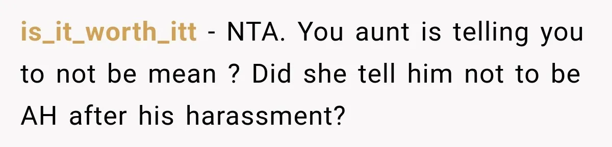Woman Tells Cousin “That’s Why You’re Single” After His Beach Comments Go Too Far is_it_worth_itt − NTA. You aunt is telling you to not be mean ? Did she tell him not to be AH after his harassment?