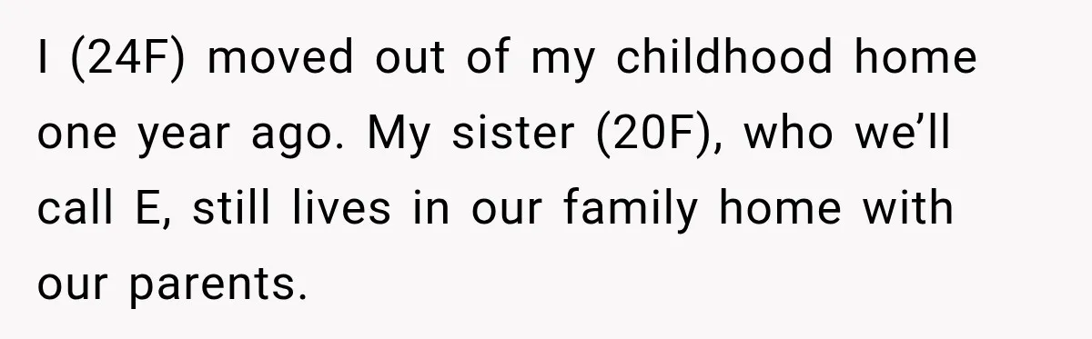 I (24F) moved out of my childhood home one year ago. My sister (20F), who we’ll call E, still lives in our family home with our parents.
