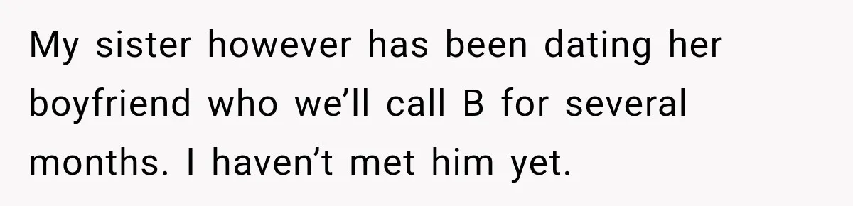 My sister however has been dating her boyfriend who we’ll call B for several months. I haven’t met him yet.