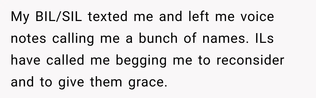 My BIL/SIL texted me and left me voice notes calling me a bunch of names. ILs have called me begging me to reconsider and to give them grace.